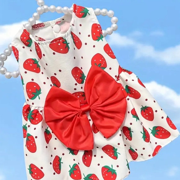 Dogs dress strawberry design with a red bow size small for small breed New - Picture 2 of 3